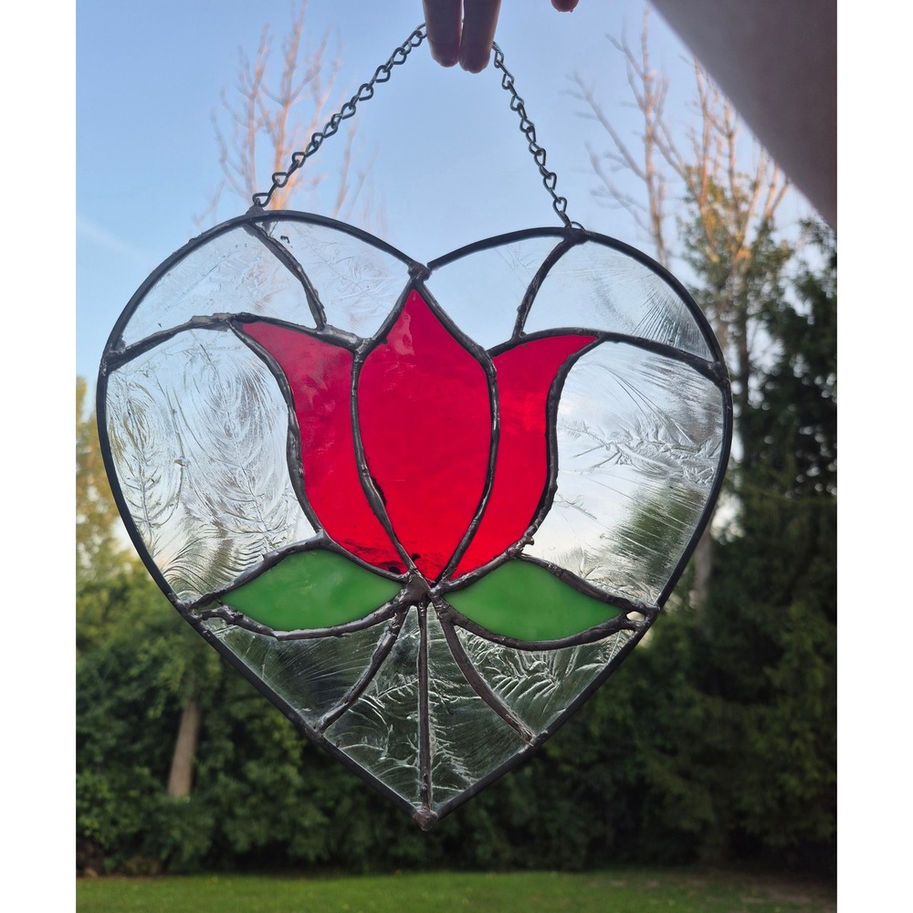 Vintage Handmade Stained Glass Heart Tulip Suncatcher Window Hanging Floral Art